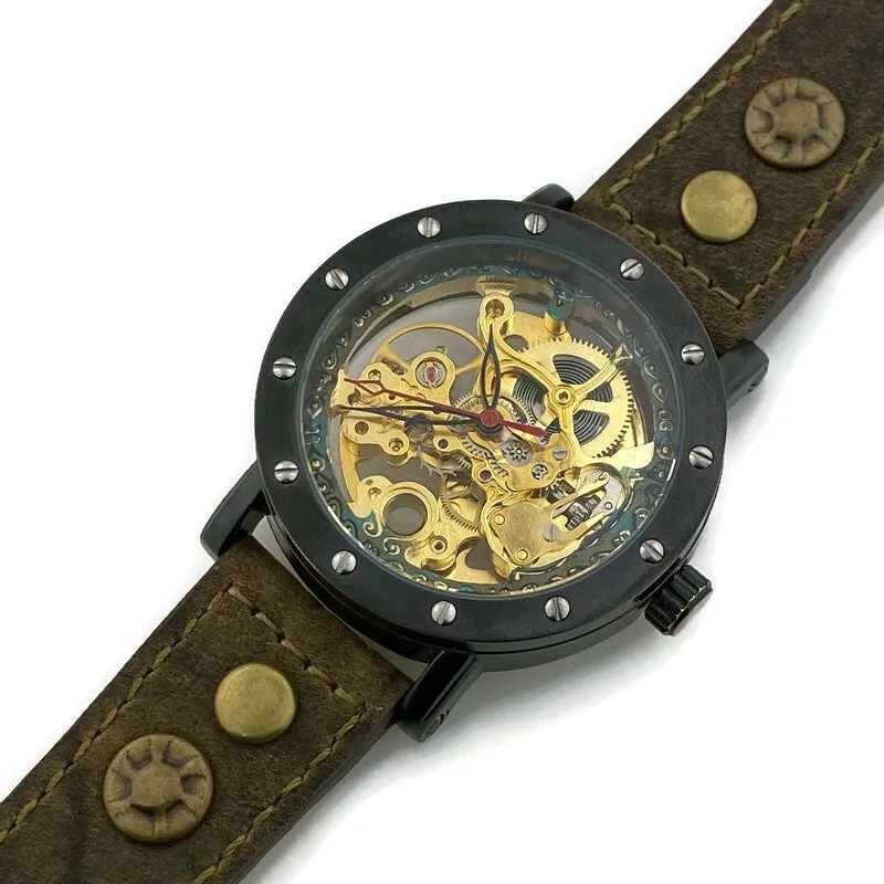 Automatic Mechanical Watch, Blue Dial with  Brown Leather Band