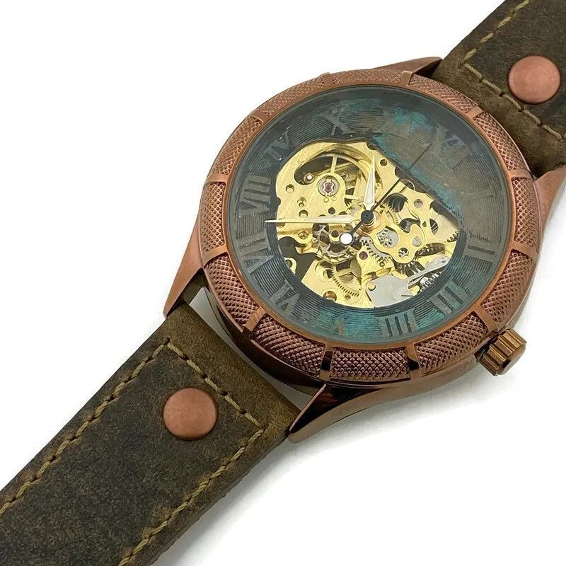 Automatic Mechanical Watch, Blue Gold and Silver Dial with Leather Band