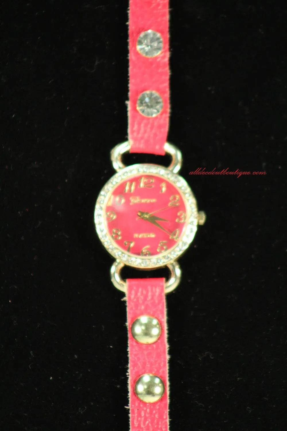 Hot Pink/Hot Pink Gold Studs & Clear Rhinestones | Leather Band w/ Button Clasp