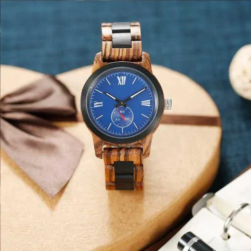 Men's Wood Watch Handcrafted Engraving Zebra Ebony