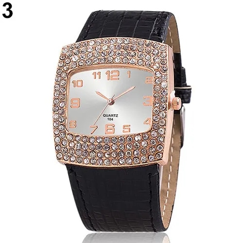 Women's Trendy Square Case Wrist Watch With Rhinestones
